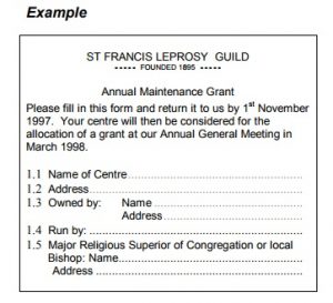 Start of a form entitled St Francis Leprosy Guild Annual Maintenance Grant