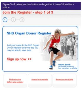 advert to become an organ donor: the whole of the central area featuring a picture and the words sign up now turn out to be a button 