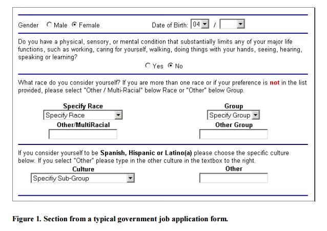 Jumbled and confusing text and boxes on a government job application form