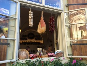 view through a cafe window in Prague