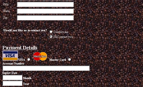 A form with a dark and distracting background which looks like coffee beans. It makes the labels alongside the form fields hard to see.