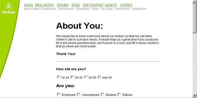 An Oxfam form with clear explanation of why they are asking for data on age, employment status and other personal information. The questions are well-spaced and clear