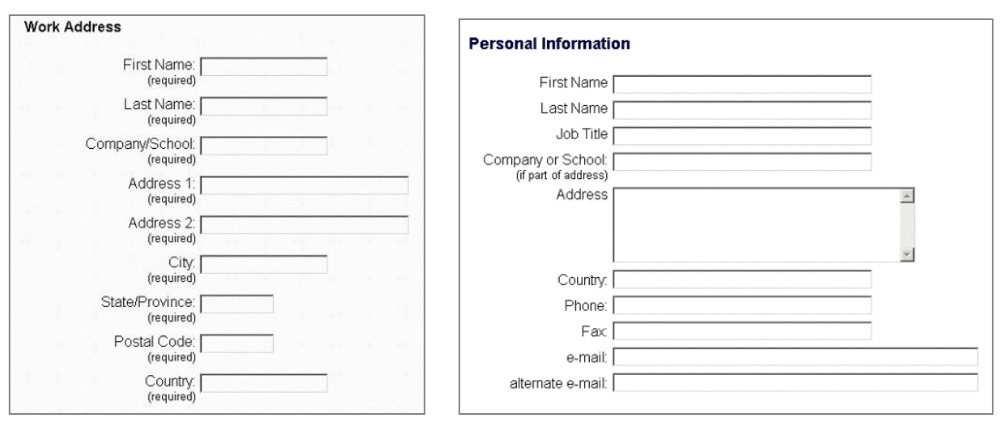 Two versions of the same form: in the before version the form is titled work address and under every entry is the word 'required'. In the after version the form is labelled personal information. The labels are neat and clear.