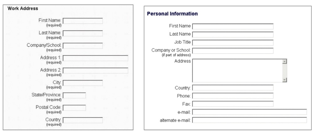 Two versions of the same form: in the before version the form is titled work address and under every entry is the word 'required'. In the after version the form is labelled personal information. The labels are neat and clear.