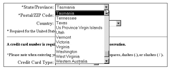 A drop down featuring Australian states such as Tasmania and Victoria in between US states such as Texas and Virginia