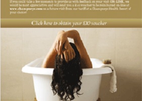 image of woman in luxurious bath at foot of invite to complete survey for Champneys