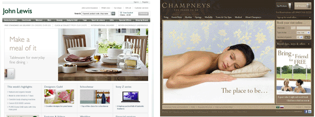 Two screenshots of websites. On the left, John Lewis. On the right, Champneys.
