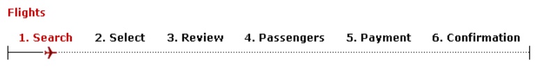 Progress indicator for Flights with the following stages: search, select, review, passengers, payment, confirmation