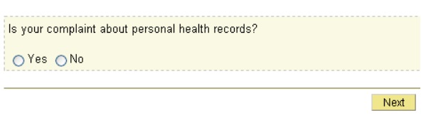 Instruction re-cast as a question: is your complaint about personal health records, with answer options yes and no.
