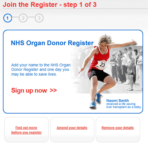 advert to become an organ donor: the whole of the central area features a picture and the words sign up now