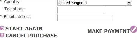 buttons labelled start again and cancel purchase are the same size and style as the make payment button
