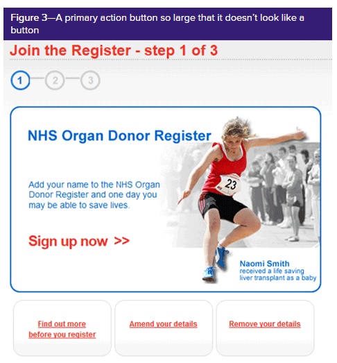 advert to become an organ donor: the whole of the central area featuring a picture and the words sign up now turn out to be a button