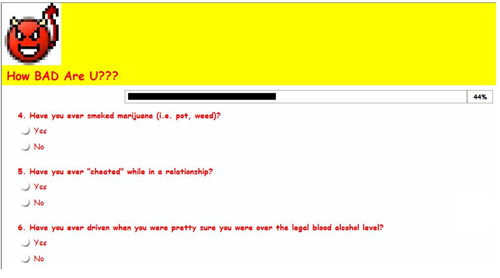 Quiz featuring a devilish face and bold colours that asks How bad are you???