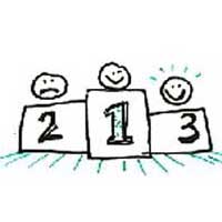 Three cartoon characters: The winner 1 is happy, second place 2 is sad, third place 3 is very happy