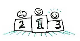 Three cartoon characters: The winner 1 is happy, second place 2 is sad, third place 3 is very happy