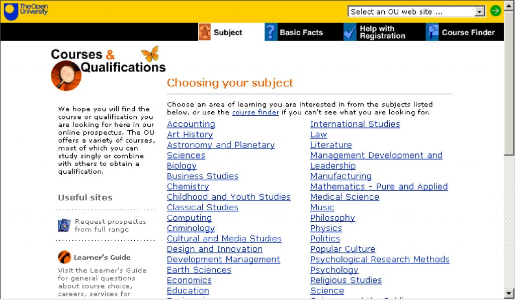 double column list of subjects as viewed on screen showing only a portion of available subjects