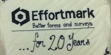 Effortmark logo iced onto a celebration cake and featuring the words 'better forms and surveys for 20 years'