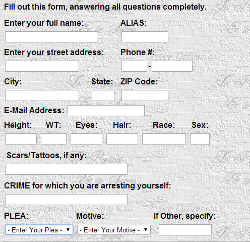 screen shot of first part of the citizen's self-arrest form