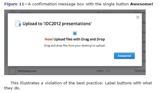 A screengrab showing the message that appears when a user wants to upload a presentation. The button they need to click is labelled awesome. The caption reads label buttons with what they do.