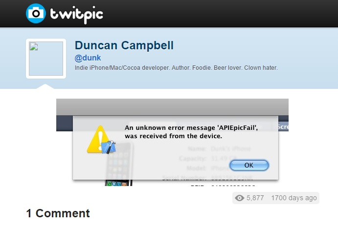 Screengrab of error message reading 'An unknown error message "APIEpicFail" was received from the device.'