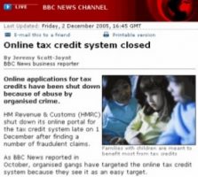 screengrab from the BBC website report on online tax credit system being closed because of fraud