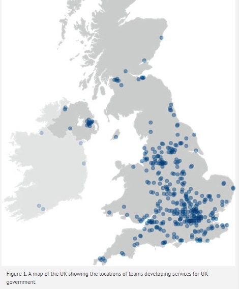  A map of the UK showing the locations of teams developing services for UK government right across the UK