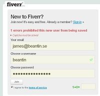 registration form for Fiverr faturing three questions and a hidden captcha