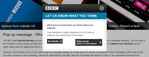 pop up survey appearing on the BBC page about pop-ups