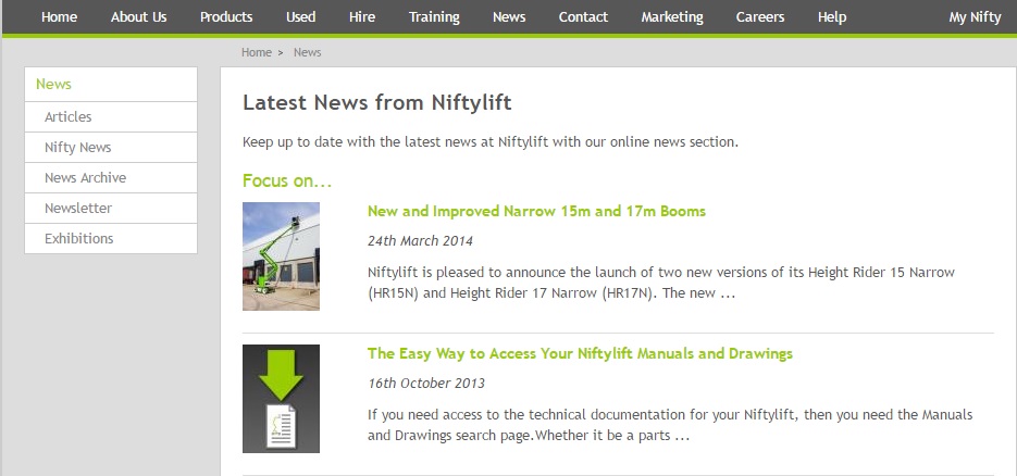 latest news section on Niftylift website