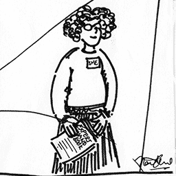 Subject matter expert - part of a doodle by Naintara LandA woman with lots of curly hair is wearing a top with a namebadge 'SME' and a pleated skirt. She carries a pile of papers with the title 'Expert handbook'