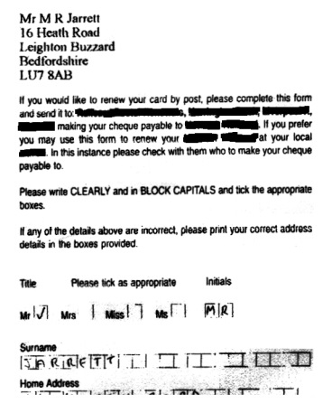 Form with address shown clearly at top which then asks for name and address underneath