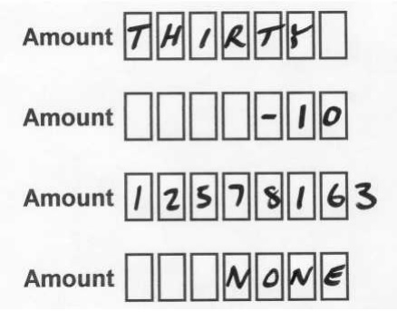 four examples in which customers have entered numbers as letters or with extra characters
