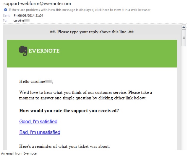 the one page survey from Evernote Caroline describes, asking a single question