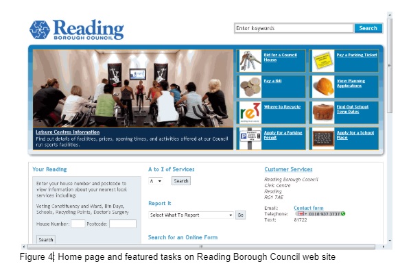 Home page of Reading Council has eight popular tasks prominent at top of page