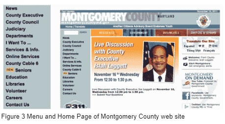 home page of Montgomery county, dominate by news item. Menu hides in margin
