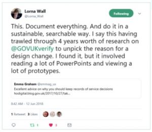 This tweet is a plea to researchers to document everything. Lorna says she had to trawl through four years of presenetations and research to find the reason for a small design change.