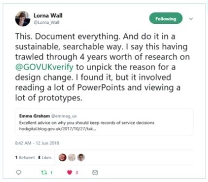 tweet is a plea to researchers to document everything. Lorna says she had to trawl through four years of presenetations and research to find the reason for a small design change.