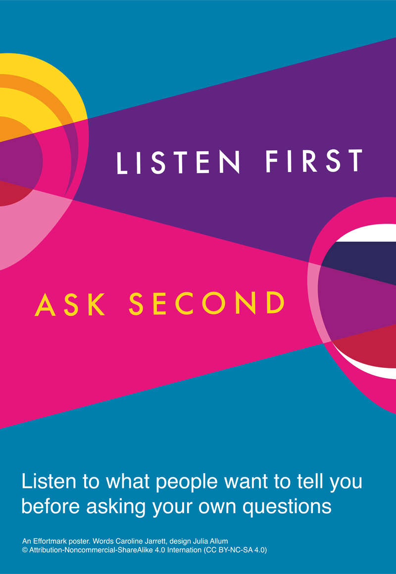 Listen first, Ask second, An Effortmark poster. Words Caroline Jarrett, design Julia Allum. Creative commons license