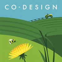 Co-design. A farmer ploughs a field, a bee visits a dandelion, and leaves show that they are working together