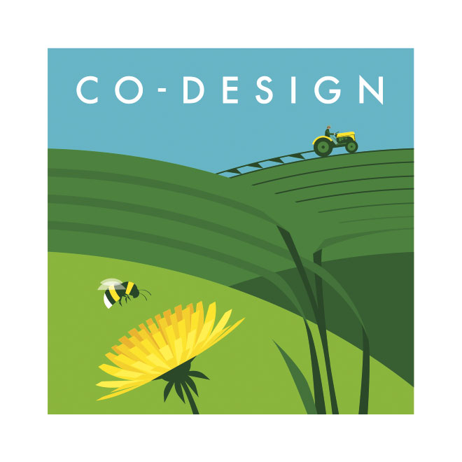 Co-design. A farmer ploughs a field, a bee visits a dandelion, and leaves show that they are working together