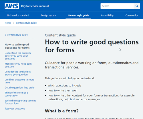 Screenshot of the page https://service-manual.nhs.uk/content/how-to-write-good-questions-for-forms please click through for the text
