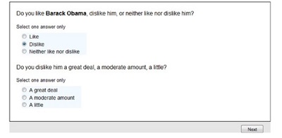 Respondents who choose 'dislike' in answer to a question on their feelings about Barack Obama, receive a follow-up question asking whether they dislike him a great deal, a moderate amount or a little