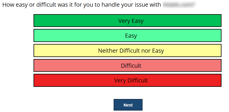 Screenshot of a question:"How easy or difficult was it for you to handle your issue with xxxx?" (I've blurred the organisation's name). The five answer options range from 'Very easy' to 'Very difficult' but the questionnaire tool designer has chosen to colour-code them from dark green to dark red. The contrast on the two extremes is poor