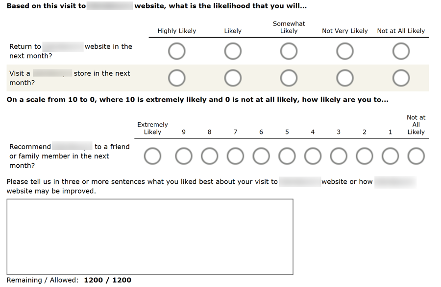 Three four questions from a long questionnaire. The first one starts with 'Based on this visit to [blurred] website, what is the likelihood that you will...' and then has two questions, both with response options Highly likely, Likely, Somewhat Likely, Not Very Likely, and Not at All Likely. The two questions are 'return to [blurred] website in the next month?' and 'Visit a [blurred' store in the next month'. It then has the question 'on a scale from 10 to 0, where 10 is extremely likely and 0 is not at all likely' followed by 'Recommend [blurred] to a friend or family member in the next month?' with 11 response options. The final question is 'Please tell us in three or more sentences what you liked best about your visit to [blurred] website or how this website may be improved'