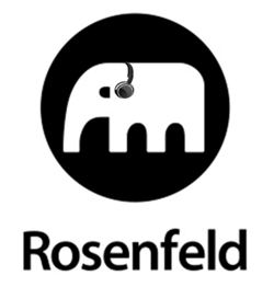 The Rosenfeld Media logo elephant wears headphones for a podcast