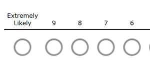 Small chunk of a 'recommend' question. There are five options visible, starting with 'Extremely likely' and then labelled 9, 8, 7, 6.