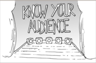 a stage and footlights with the words 'Know Your Audience' across it