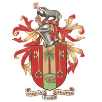 A coat of arms, mostly in red and gold. It features a badger, gold keys, a palm tree, and an artillery gun. The motto is 'Family, faith, friendship' (in Latin)