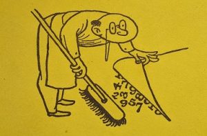 a man with a broom sweeping numbers under a carpet