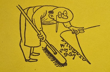 a man with a broom sweeping numbers under a carpet